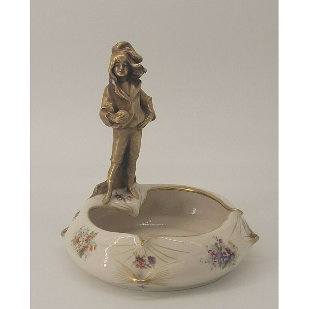 Bronze Austrian Teplitz Amphora Porcelain Bowl with Boy Flowers 8" c.1892-1905